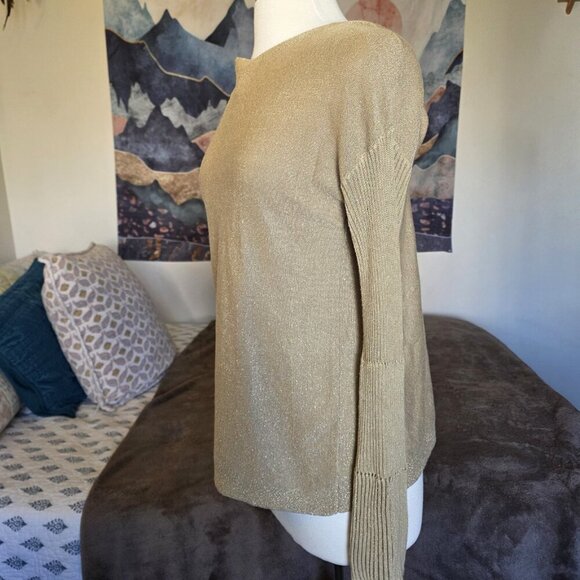 Vince Camuto Gold Metallic Lurex Boat Neck Bell Sleeve Sweater Sz S - Picture 6 of 16